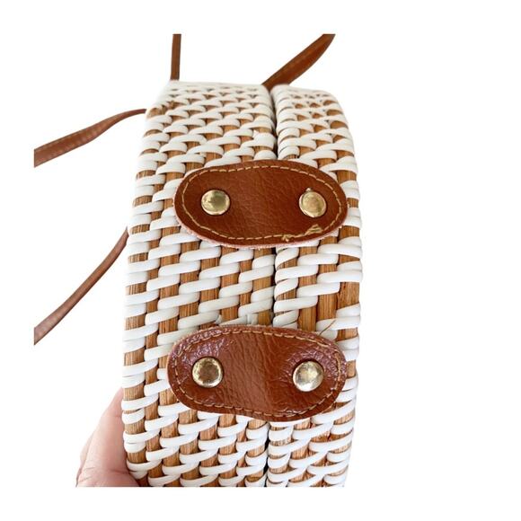 Round White Rattan Crossbody Bag With Triple Pom Charm - Picture 7 of 7